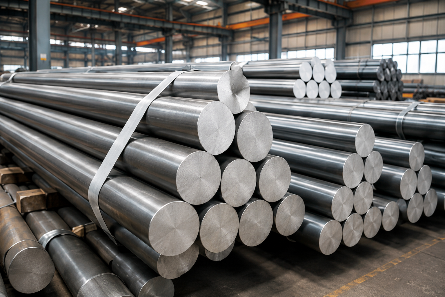 Steel round bars stacked at the yard
