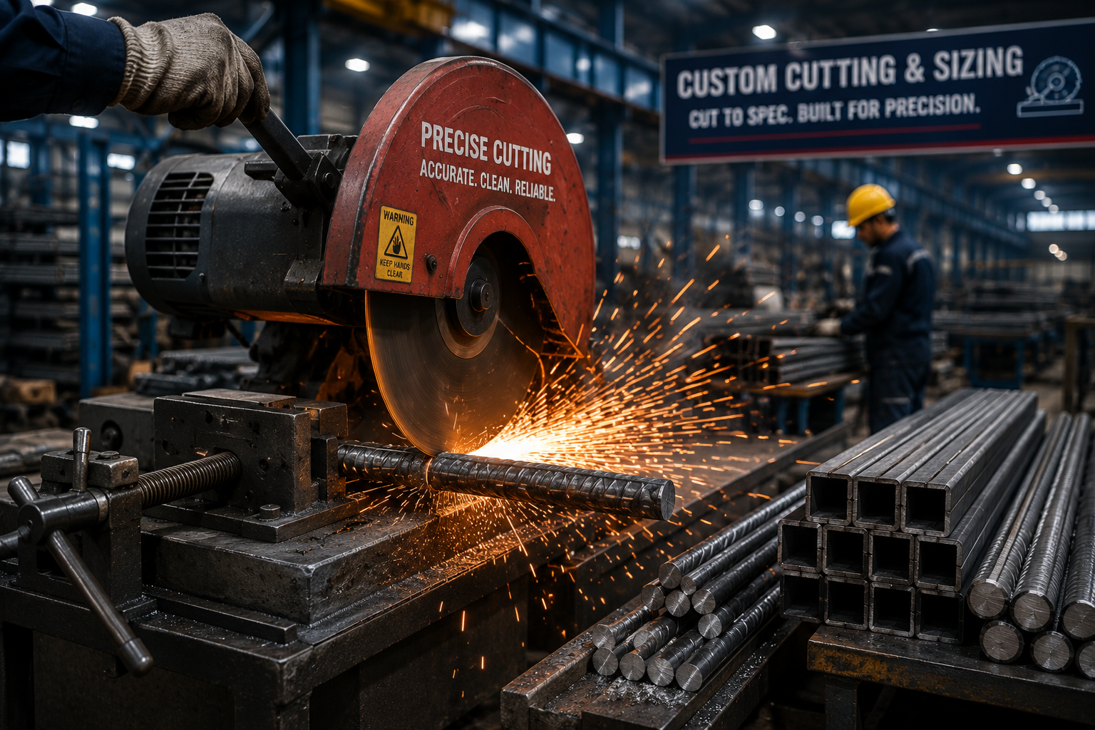 Precision steel cutting inside industrial workshop