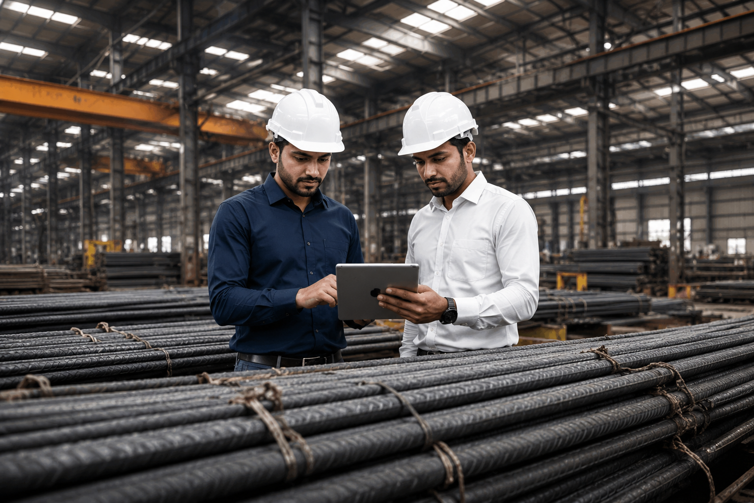 Engineers reviewing steel inventory