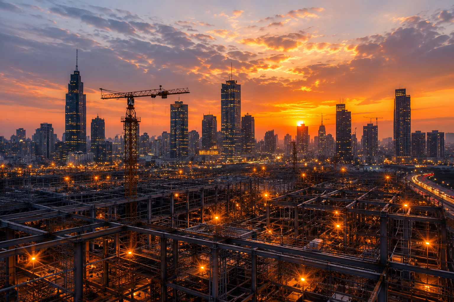 City skyline construction at dusk