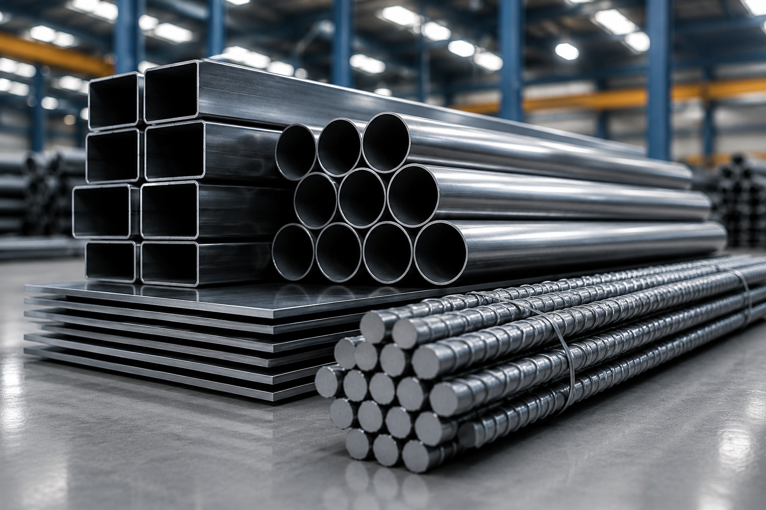 Stacked steel pipes and sheets